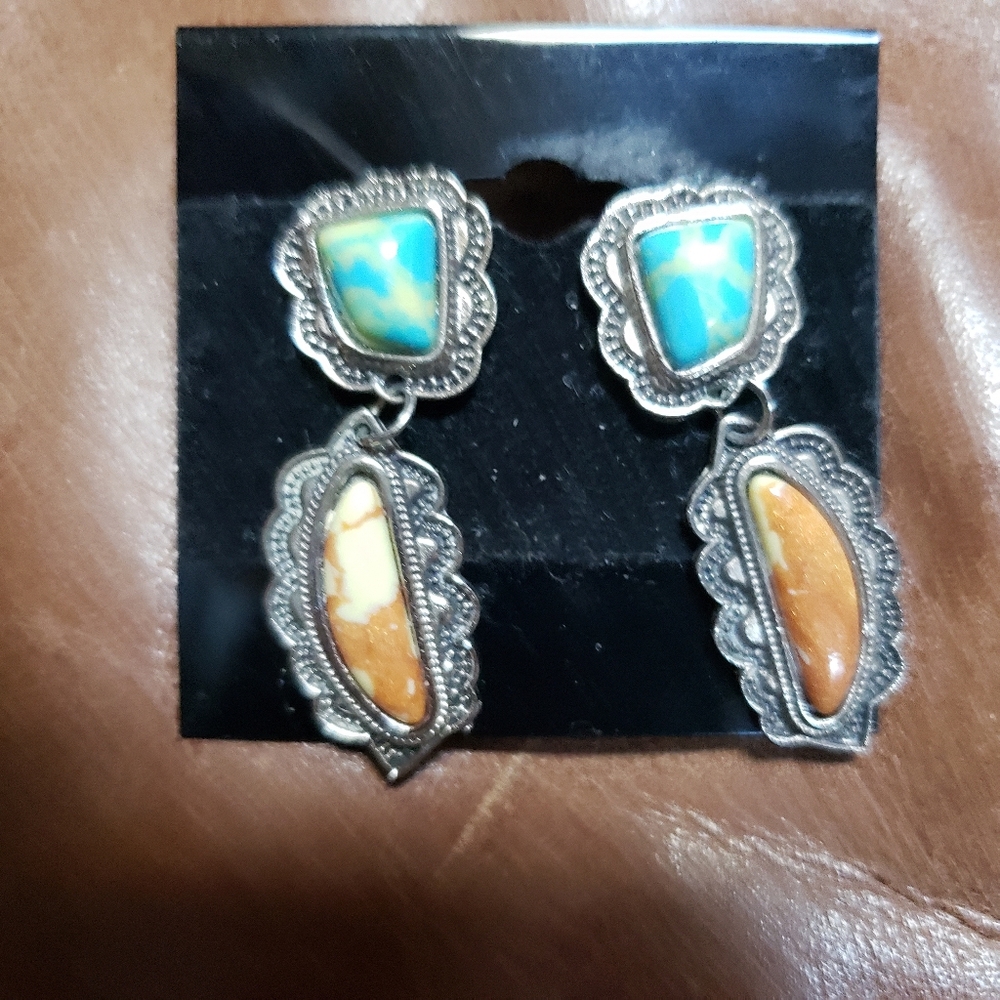 Turquoise and Spiny Oyster/Amber Dangle Earrings (Faux)